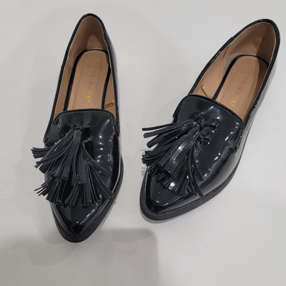 Primark Patent Black Tassel Loafers Sz 8